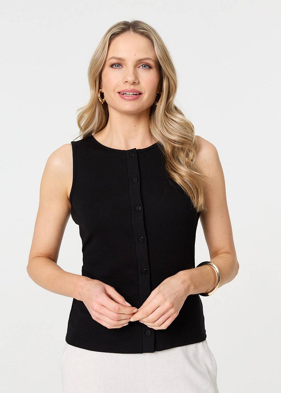 Izabel London Black Sleeveless Button Front Slim Vest Top