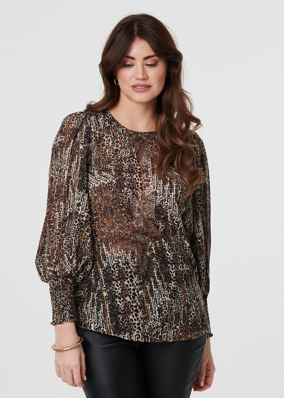 Izabel London Beige Animal Print Sheer Mesh Blouse