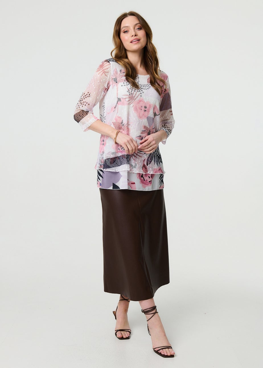 Izabel London Pink Abstract Print Mesh Layer Tunic