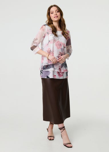 Izabel London Pink Abstract Print Mesh Layer Tunic