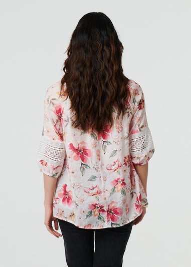 Izabel London Pink Floral Lace Trim Bardot Neck Blouse