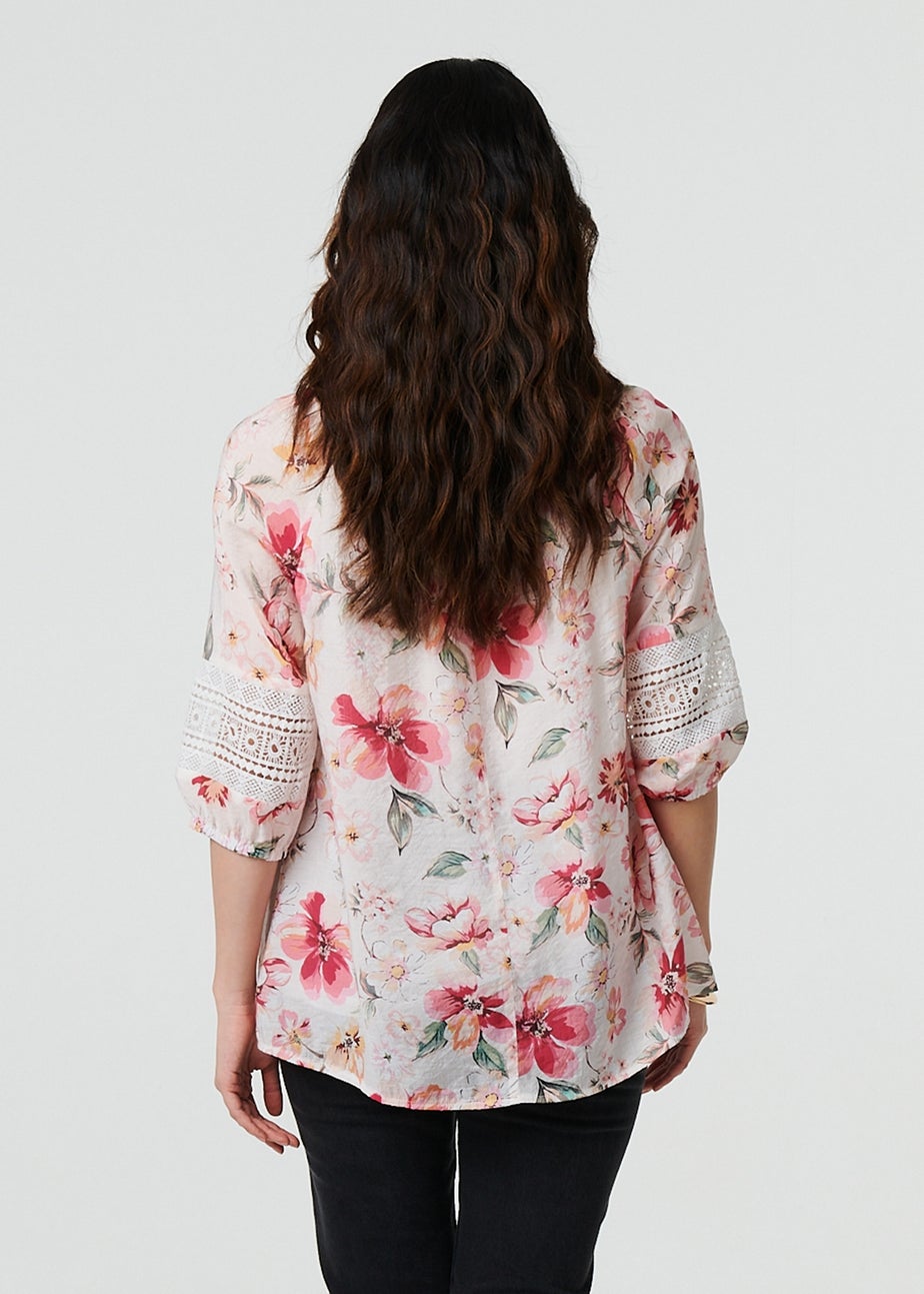 Izabel London Pink Floral Lace Trim Bardot Neck Blouse