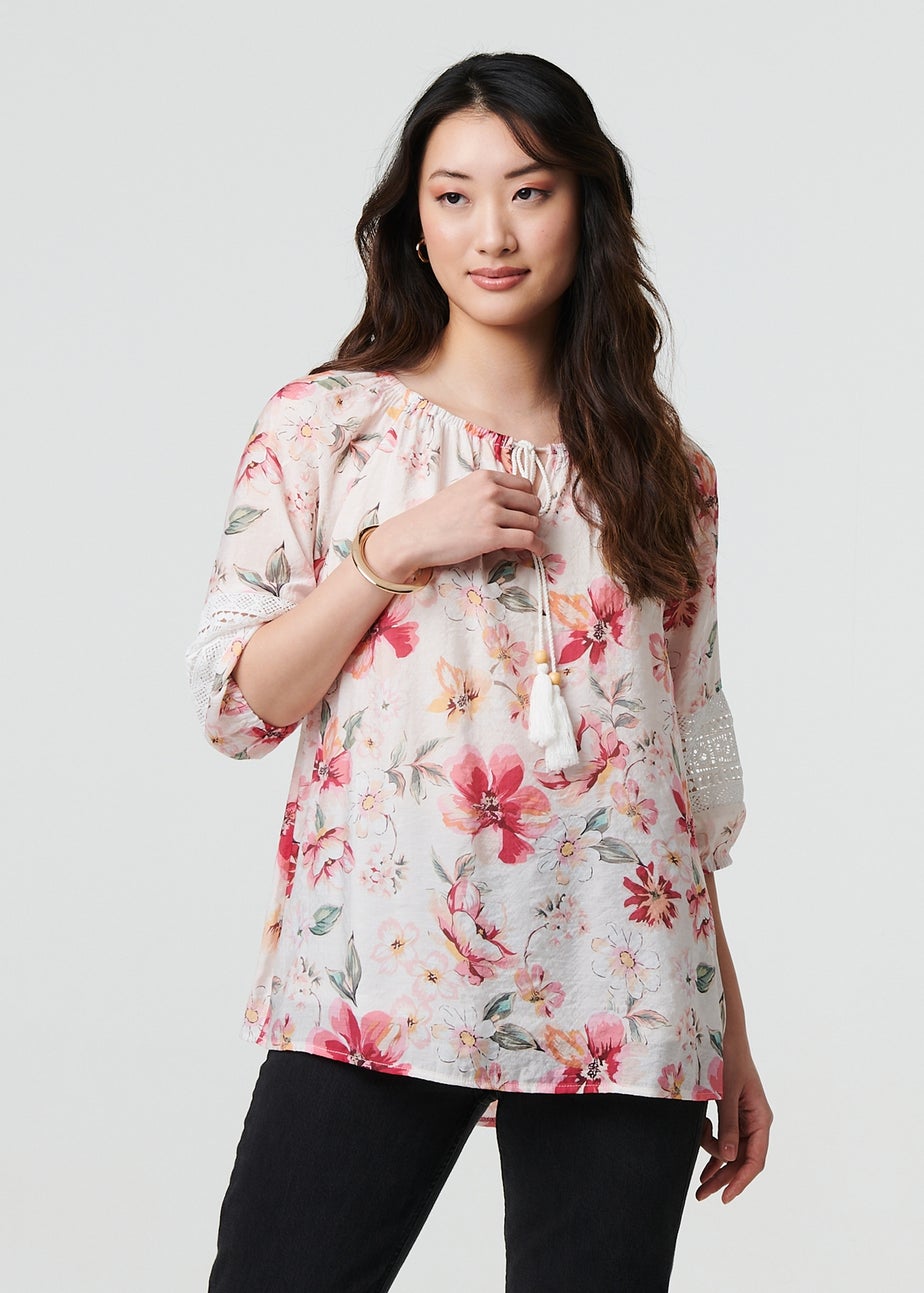 Izabel London Pink Floral Lace Trim Bardot Neck Blouse