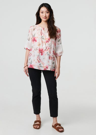 Izabel London Pink Floral Lace Trim Bardot Neck Blouse