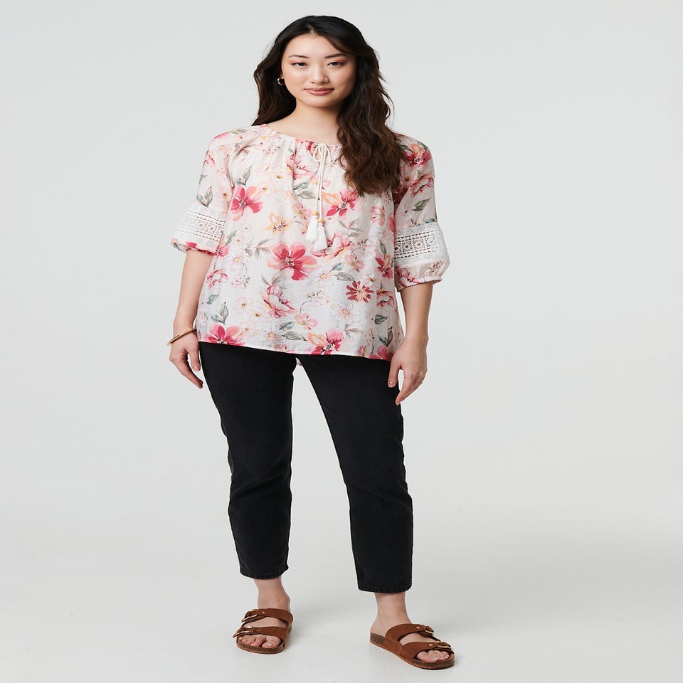 Izabel London Pink Floral Lace Trim Bardot Neck Blouse