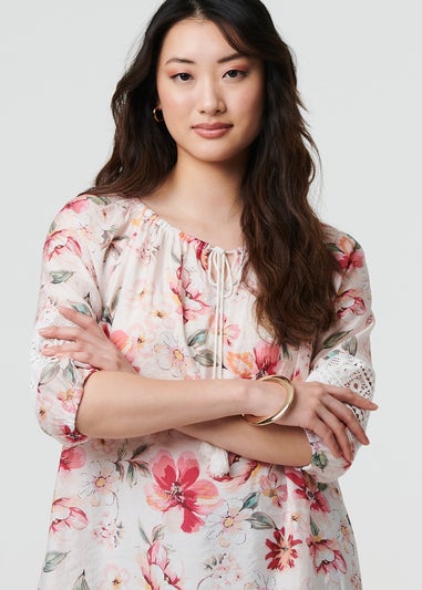 Izabel London Pink Floral Lace Trim Bardot Neck Blouse