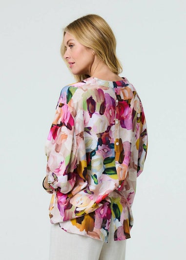 Izabel London Pink Brushstroke Print 3/4 Sleeve Shirt