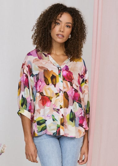 Izabel London Pink Brushstroke Print 3/4 Sleeve Shirt