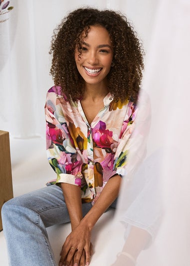 Izabel London Pink Brushstroke Print 3/4 Sleeve Shirt