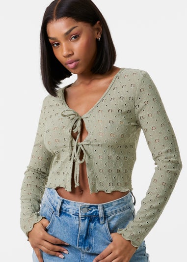 Pink Vanilla Khaki Tie Front Cutwork Cardigan