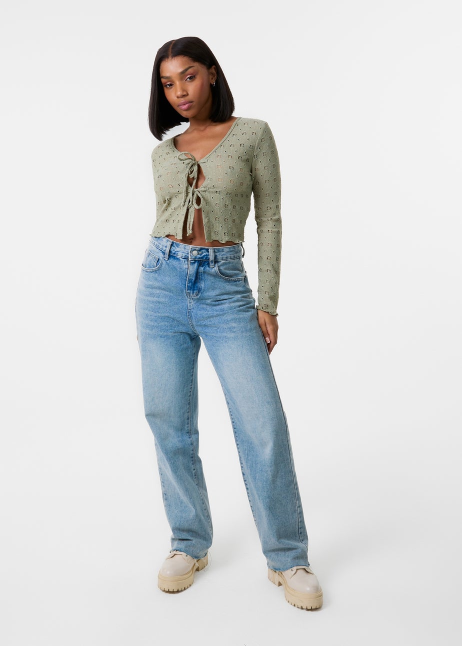 Pink Vanilla Khaki Tie Front Cutwork Cardigan