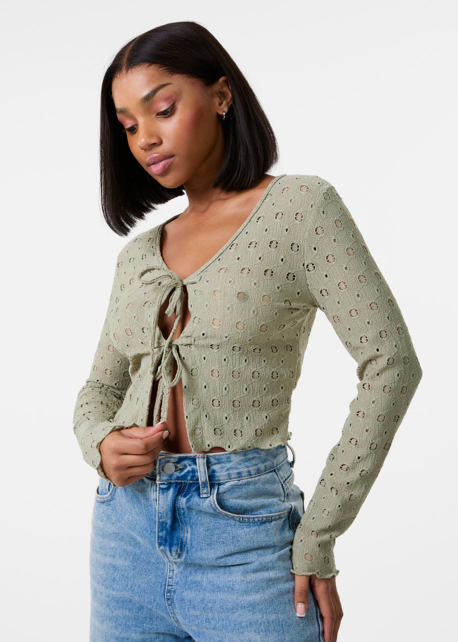 Pink Vanilla Khaki Tie Front Cutwork Cardigan