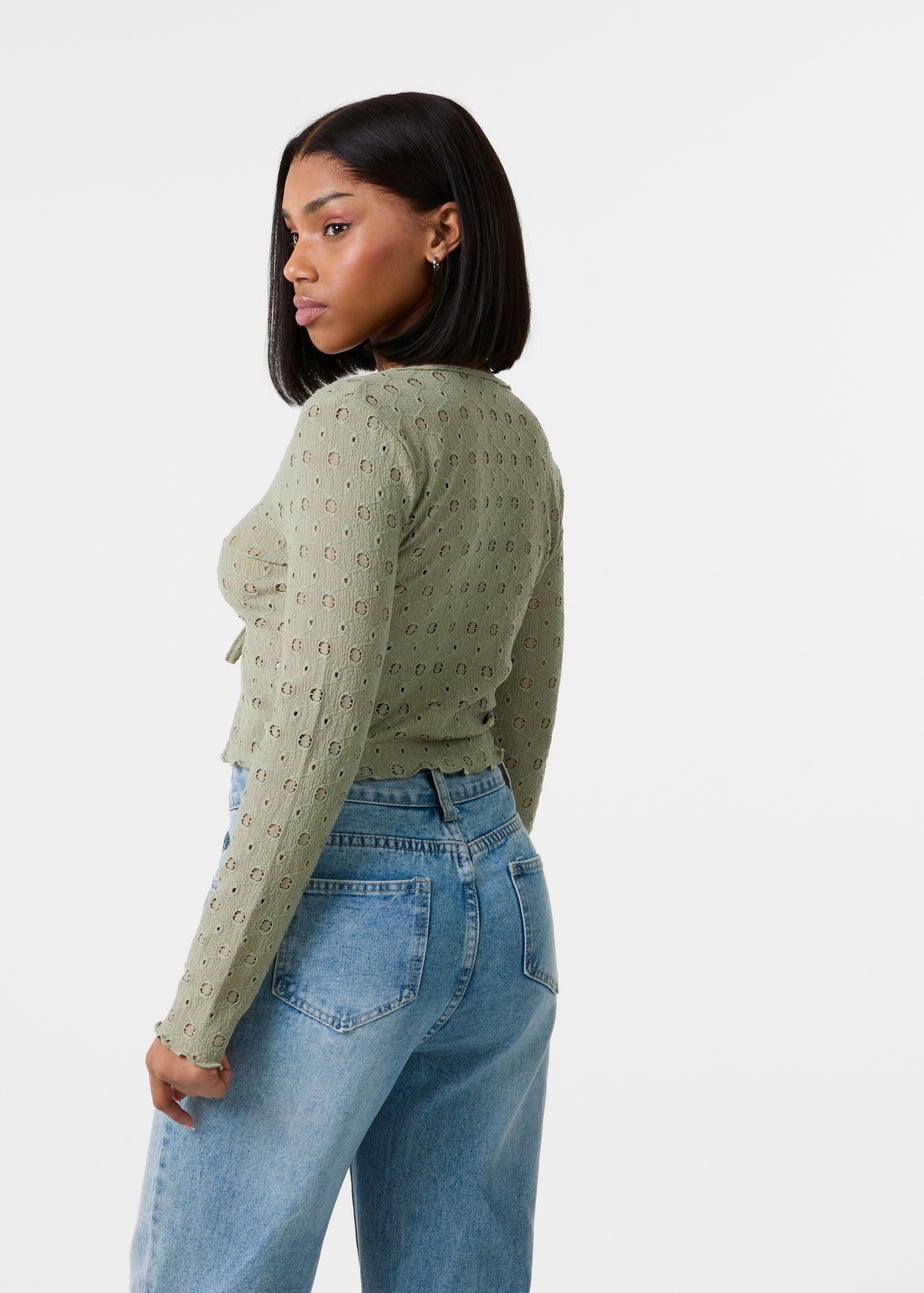 Pink Vanilla Khaki Tie Front Cutwork Cardigan