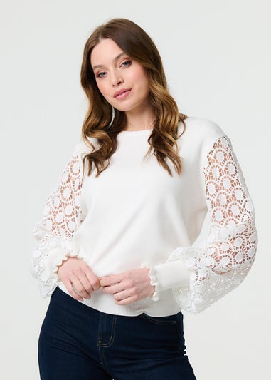 Izabel London White Sheer Lace Sleeve Knitted Jumper