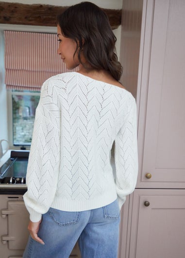 Threadbare Cream Slash Neck Pointelle Knit Jumper