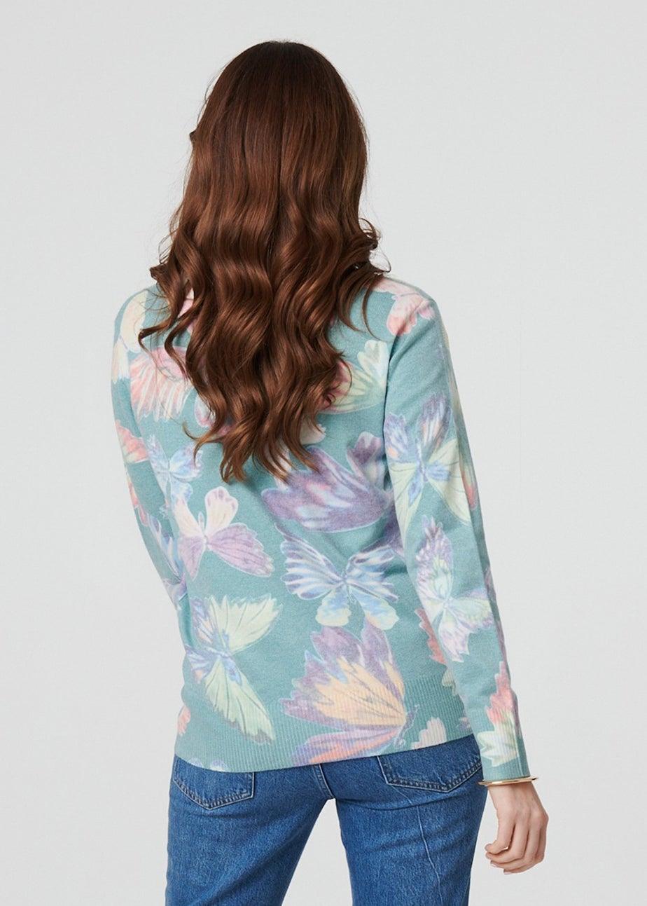 Izabel London Green Butterfly Print Diamante Detail Knit Top