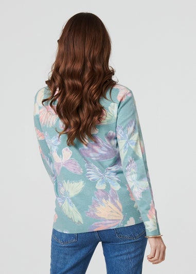 Izabel London Green Butterfly Print Diamante Detail Knit Top