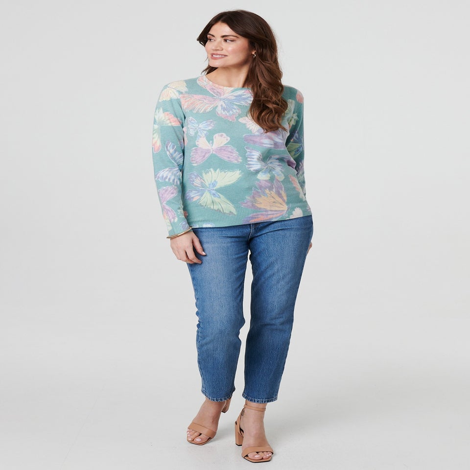 Izabel London Green Butterfly Print Diamante Detail Knit Top