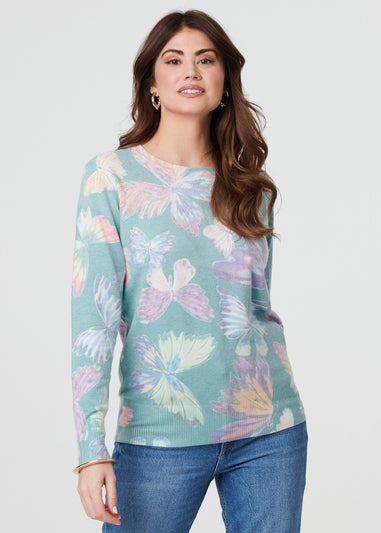 Izabel London Green Butterfly Print Diamante Detail Knit Top