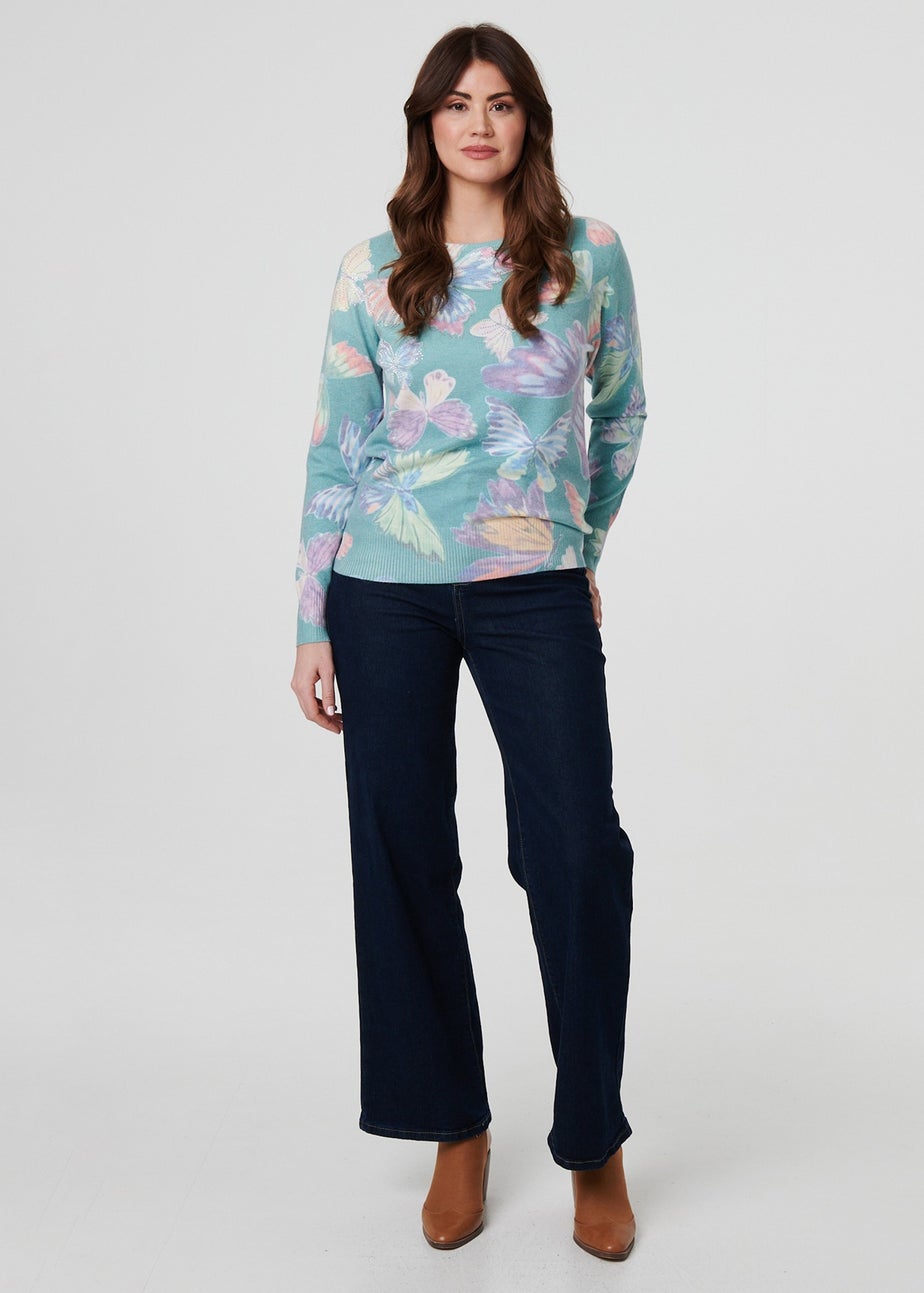 Izabel London Green Butterfly Print Diamante Detail Knit Top