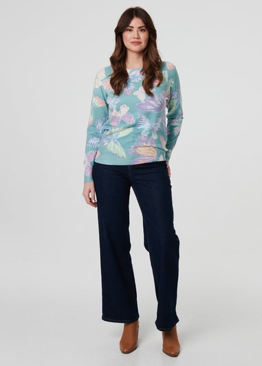 Izabel London Green Butterfly Print Diamante Detail Knit Top