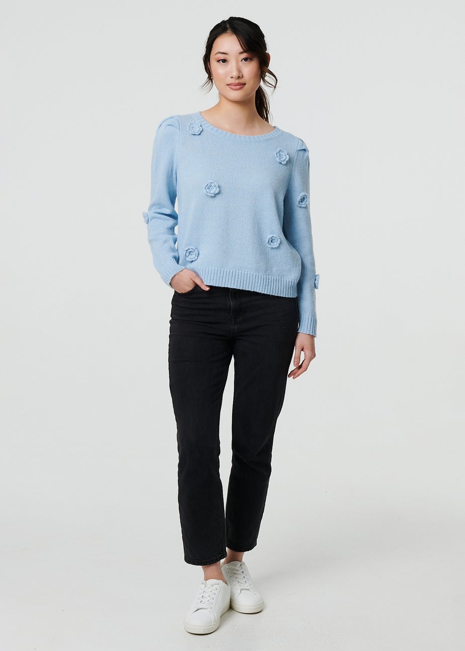 Izabel London Blue Floral Embroidered Cropped Jumper