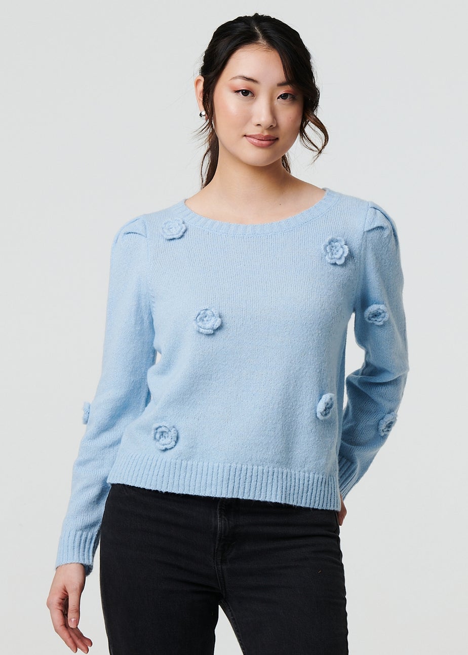 Izabel London Blue Floral Embroidered Cropped Jumper