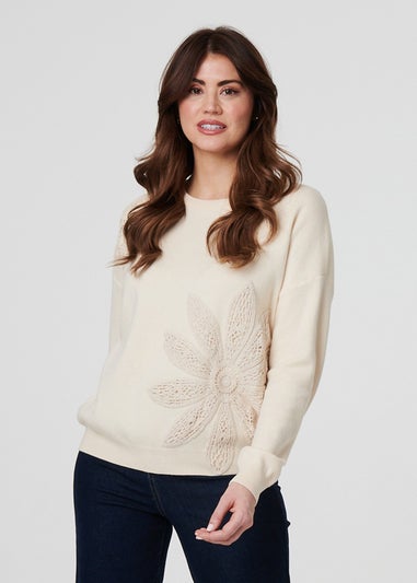 Izabel London Ivory Floral Embroidered Drop Shoulder Jumper