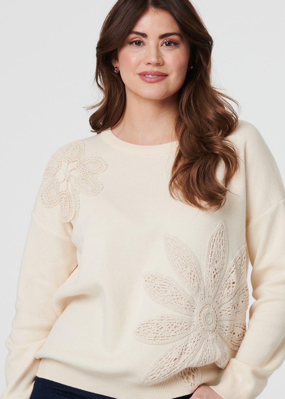 Izabel London Ivory Floral Embroidered Drop Shoulder Jumper