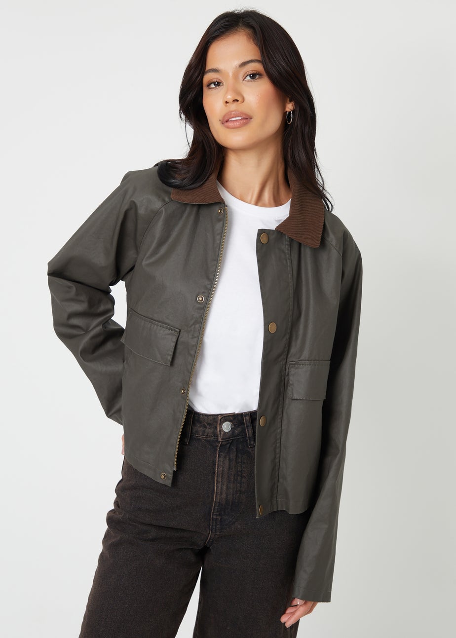 Threadbare Khaki Waxed Jacket with Concealed Hood