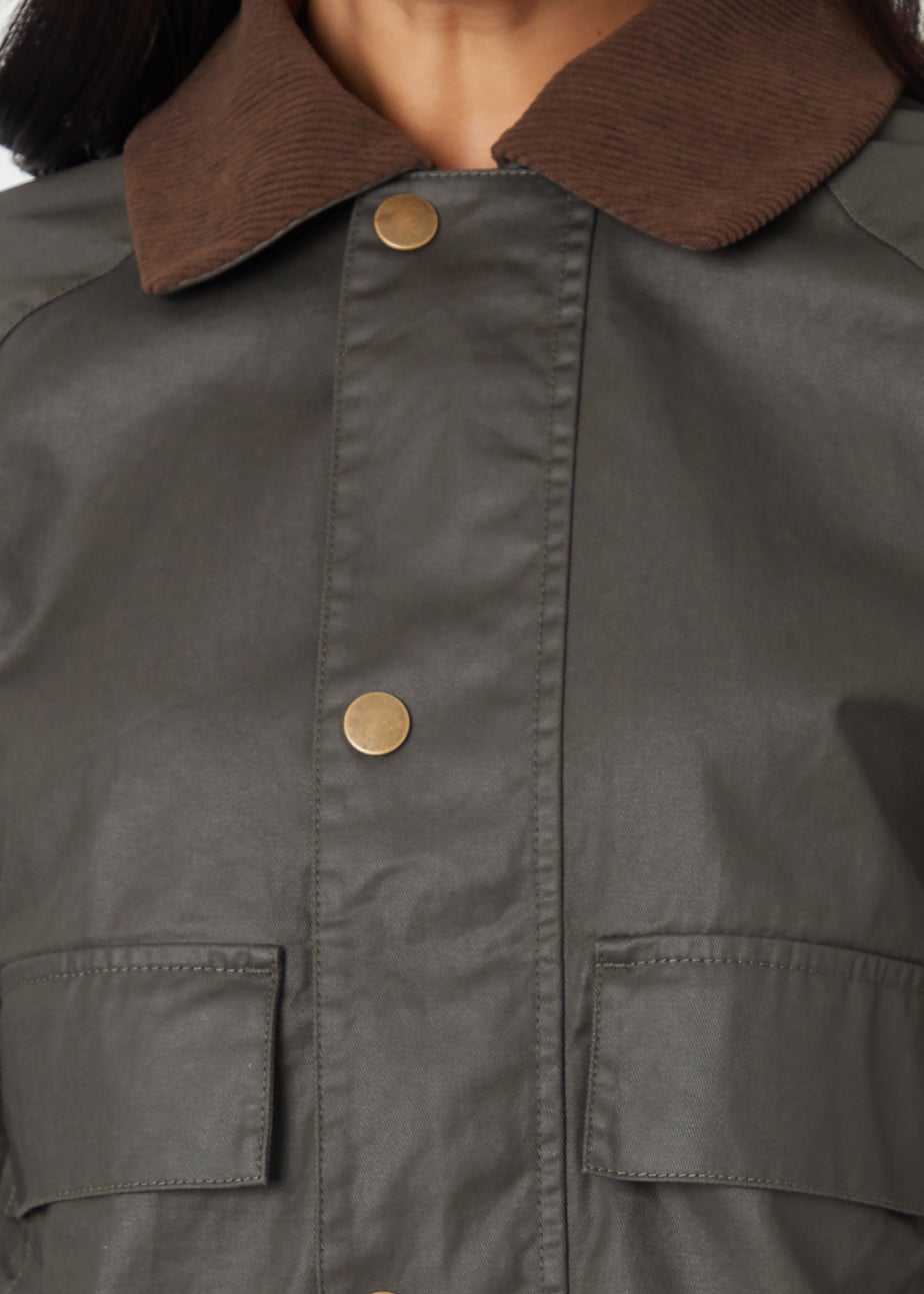 Threadbare Khaki Waxed Jacket with Concealed Hood