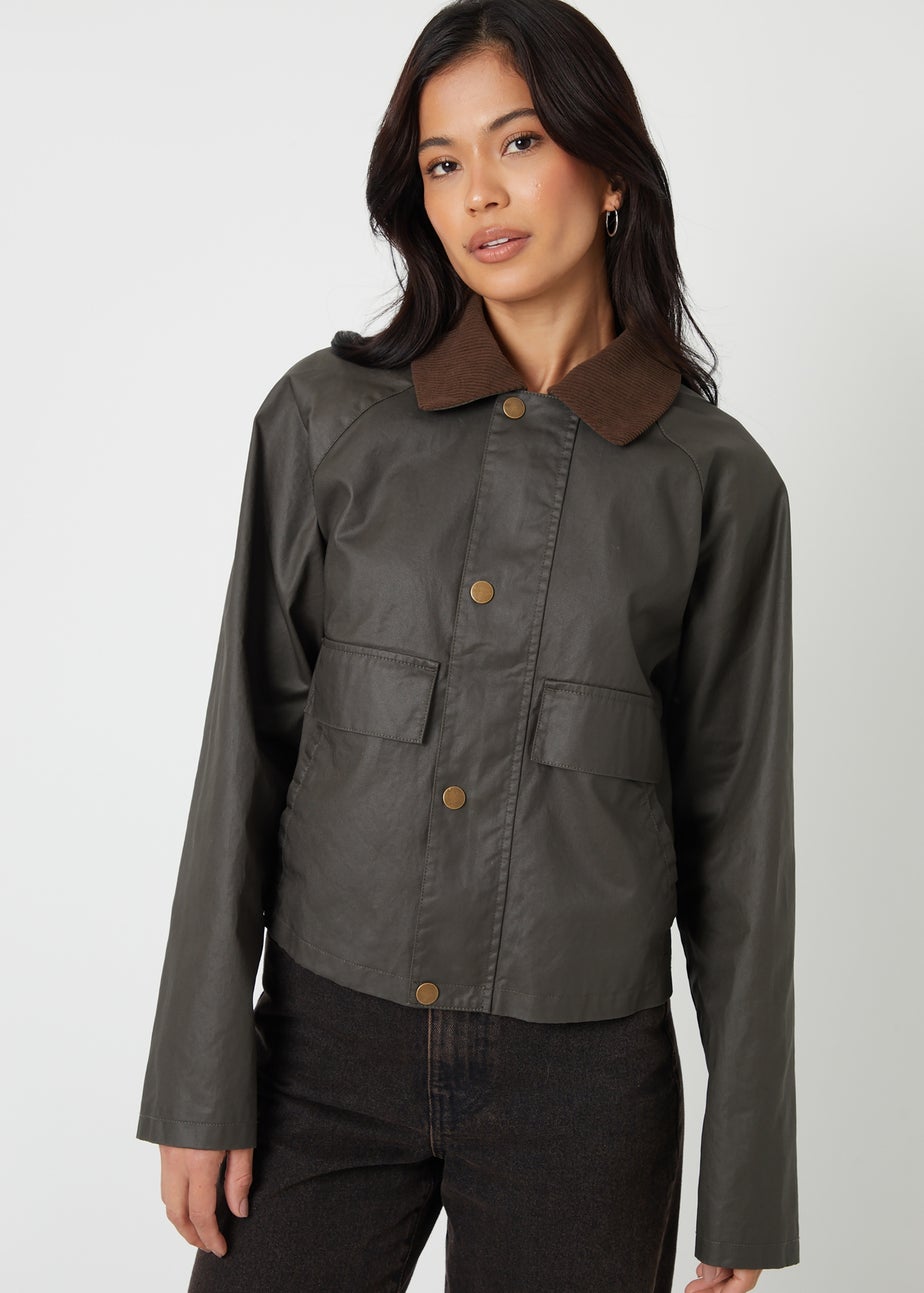 Threadbare Khaki Waxed Jacket with Concealed Hood