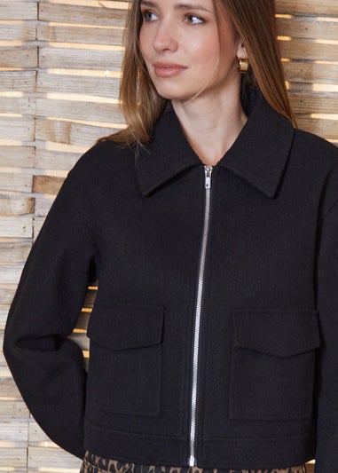 Threadbare Black Faux Wool Collared Harrington Jacket