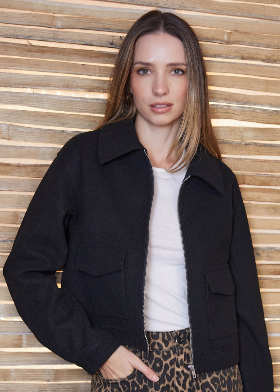 Threadbare Black Faux Wool Collared Harrington Jacket