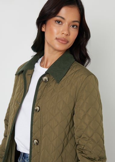Threadbare Khaki Cord Collar Diamond Quilted Jacket