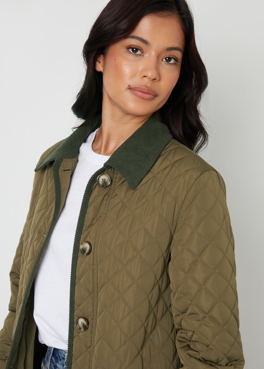 Threadbare Khaki Cord Collar Diamond Quilted Jacket