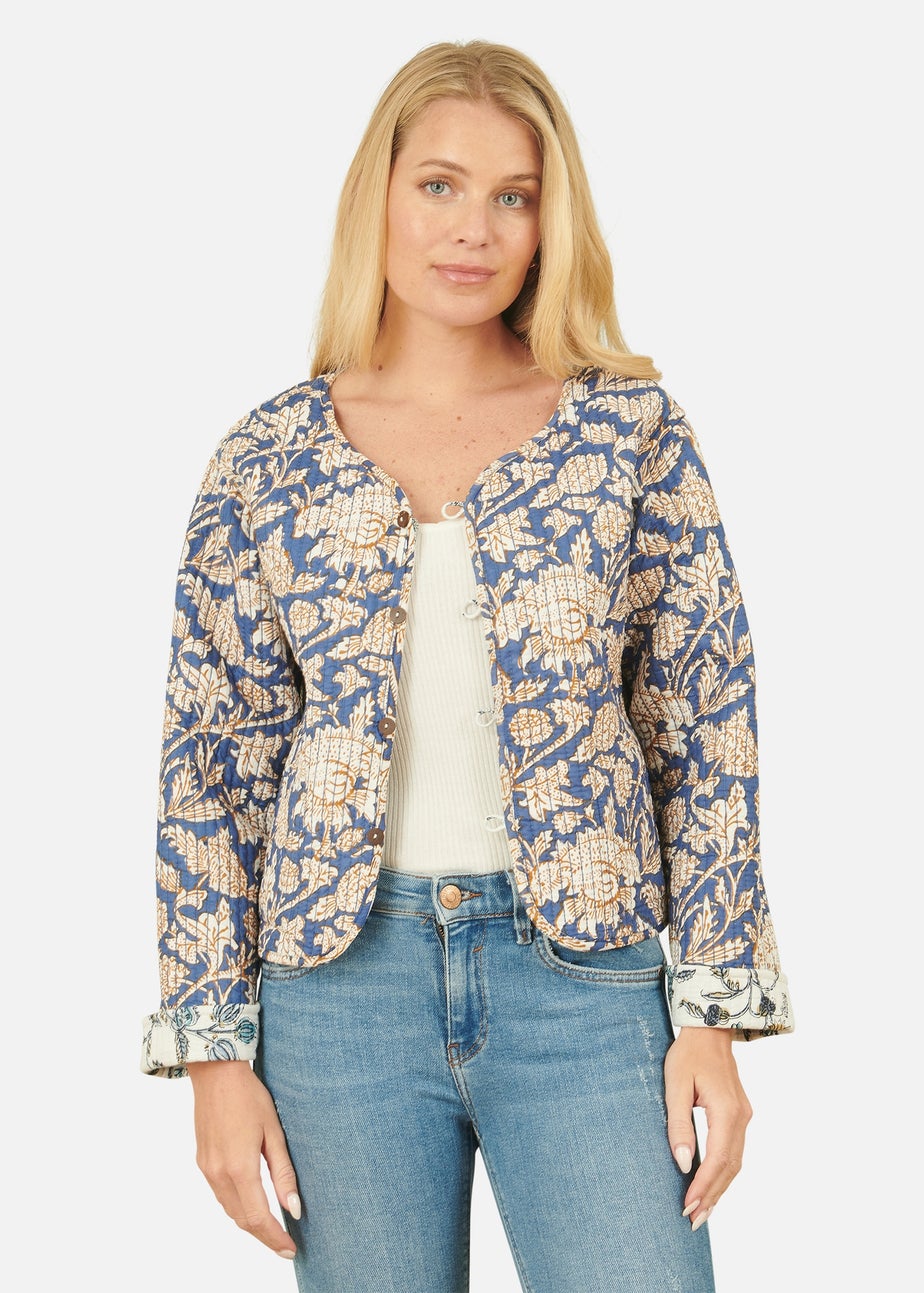 Yumi Blue Floral Reversible Cotton Quilted Jacket