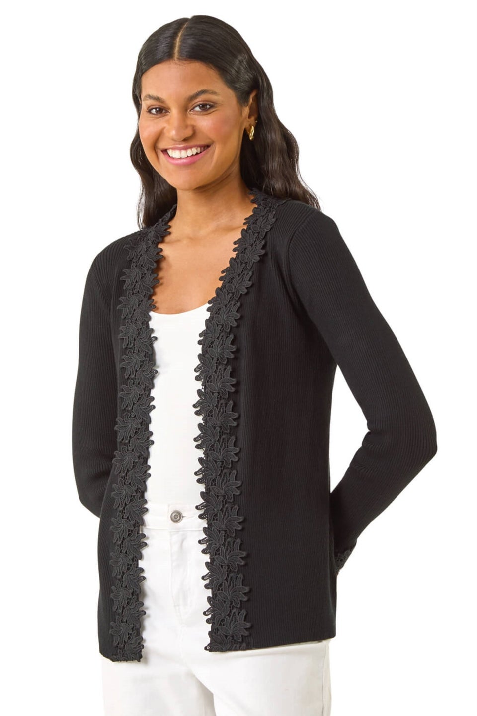 Roman Black Lace Trim Knit Cardigan