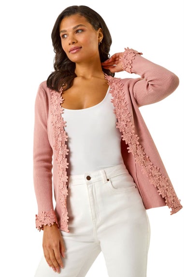 Roman Pink Lace Trim Knit Cardigan