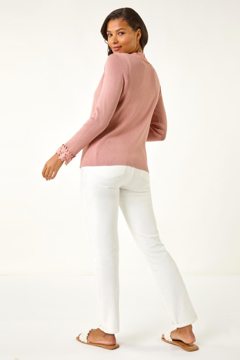 Roman Pink Lace Trim Knit Cardigan