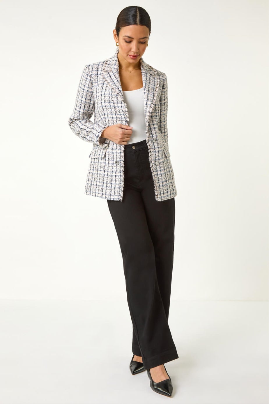 Roman Multi Check Frayed Edge Boucle Button Jacket
