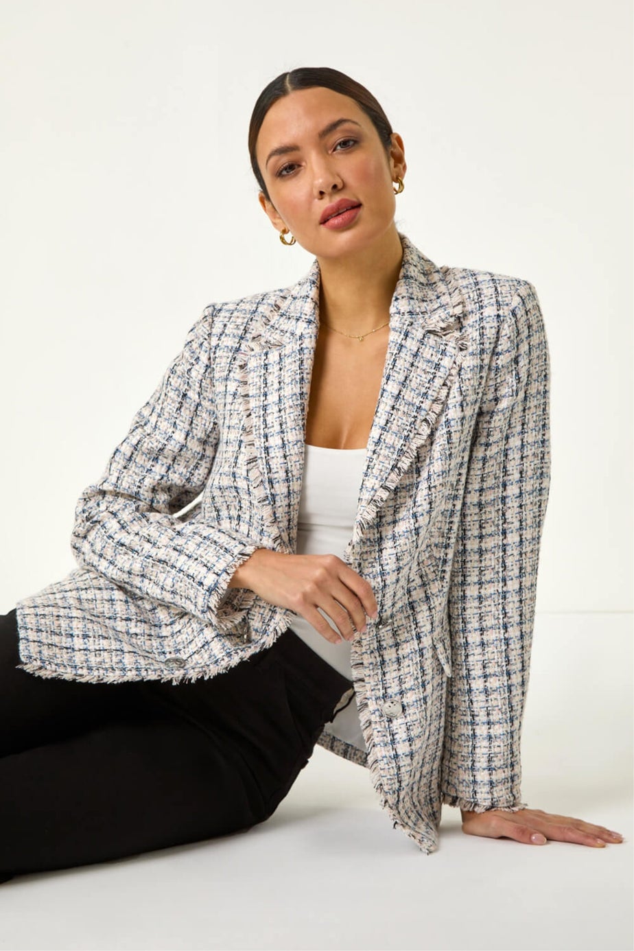 Roman Multi Check Frayed Edge Boucle Button Jacket