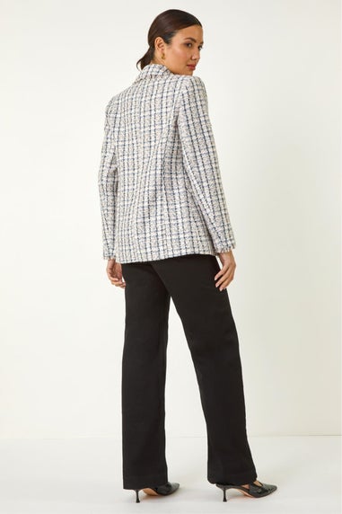 Roman Multi Check Frayed Edge Boucle Button Jacket