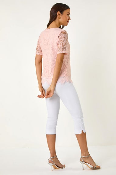 Roman Light Pink Scalloped Lace Round Neck Top