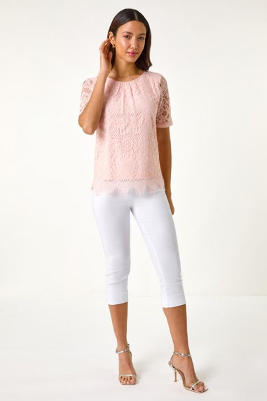 Roman Light Pink Scalloped Lace Round Neck Top