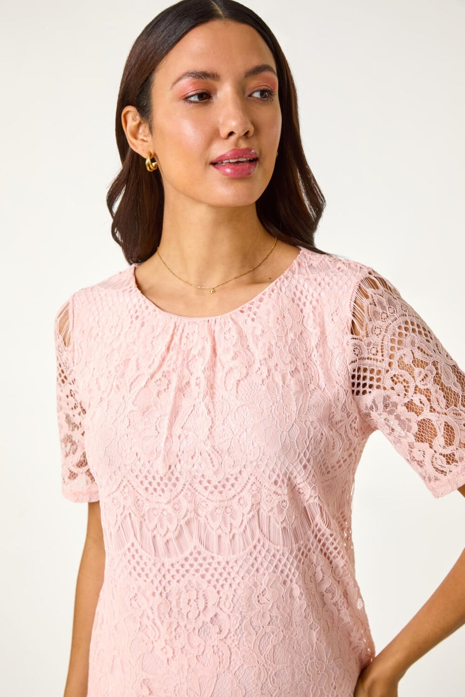 Roman Light Pink Scalloped Lace Round Neck Top