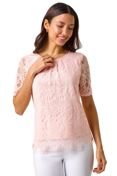 Roman Light Pink Scalloped Lace Round Neck Top