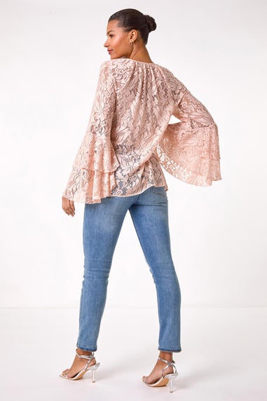 Roman Light Pink Tie Neck Lace Detail Top