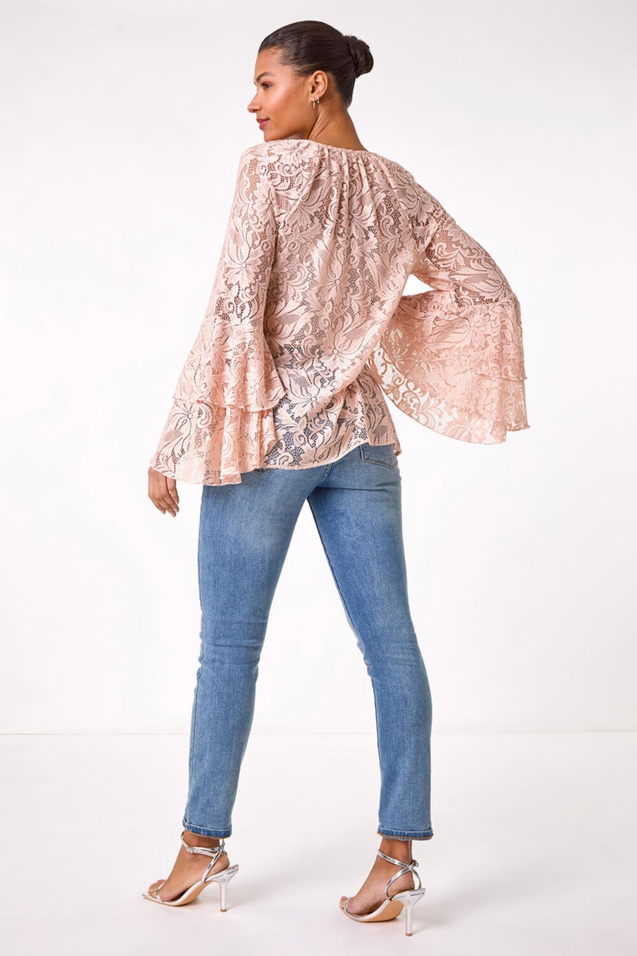 Roman Light Pink Tie Neck Lace Detail Top