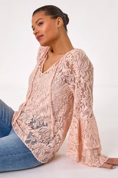 Roman Light Pink Tie Neck Lace Detail Top